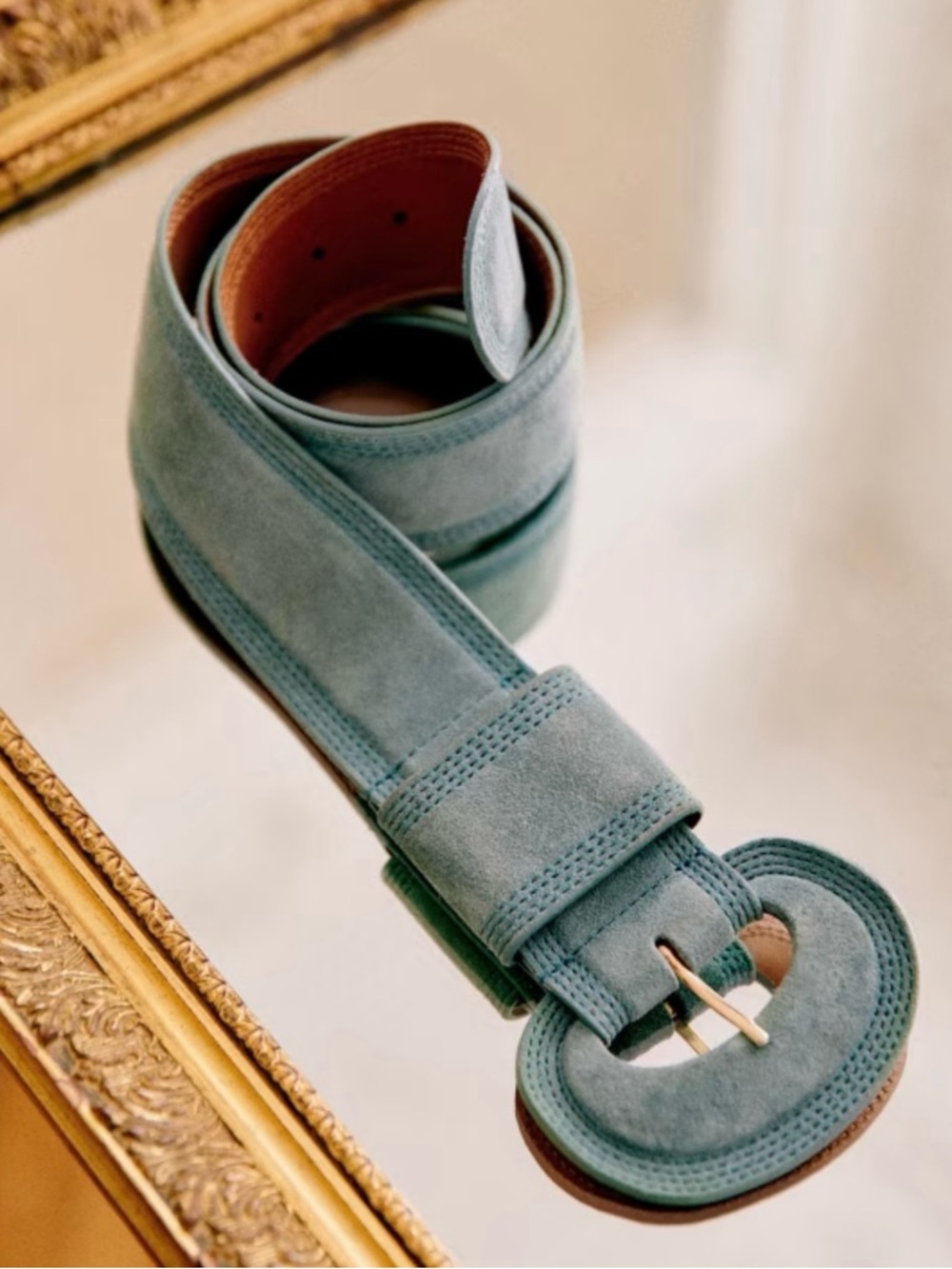 Sezane Suede Leather Jones Belt in Sea Green T90